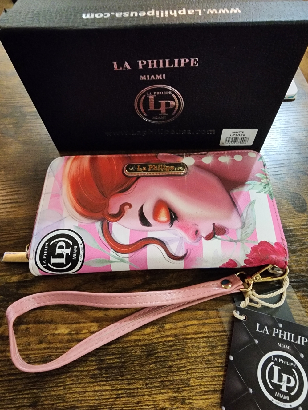 La Philipe Pink In Beauty Red Head Wallet Wristlet NWT